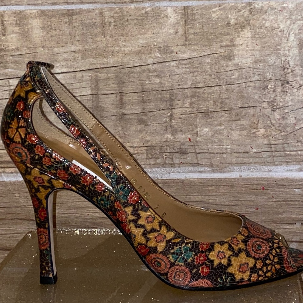💕Sacha London Antiques Spring Floral Crackle Stiletto Cottagecore Brown Flower